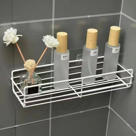Wall-Mounted Corner Bathroom Shelf - Iron Shampoo Holder and Cosmetic Rack with Drain Basket Organizer