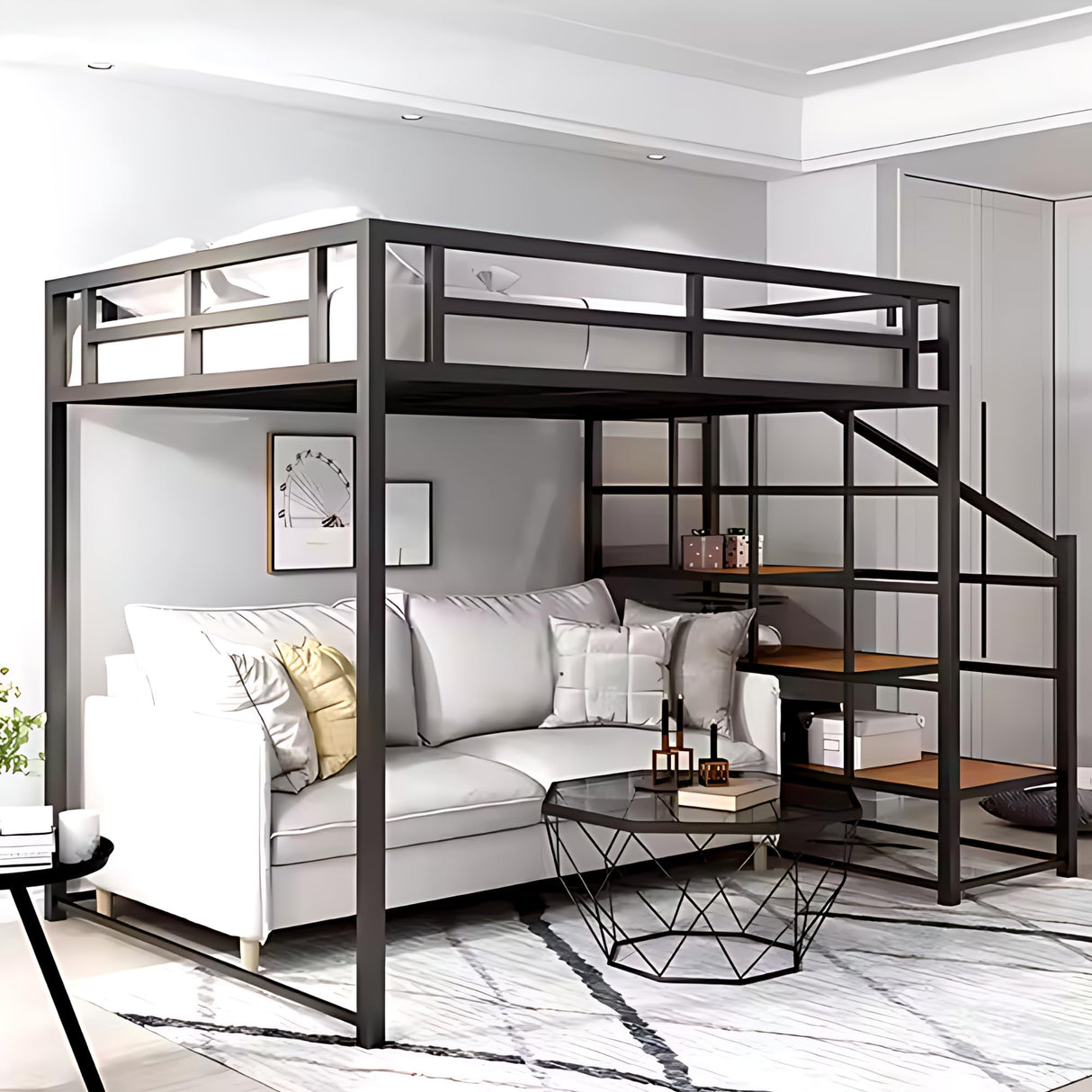 Dreame. Twin XL Modern Heavy Duty Metal Loft Bed with Storage Shelves and Stairs, Space-Saving Design Black Finish with Room for Sofa Staircase for Easy Storage and Safe Access