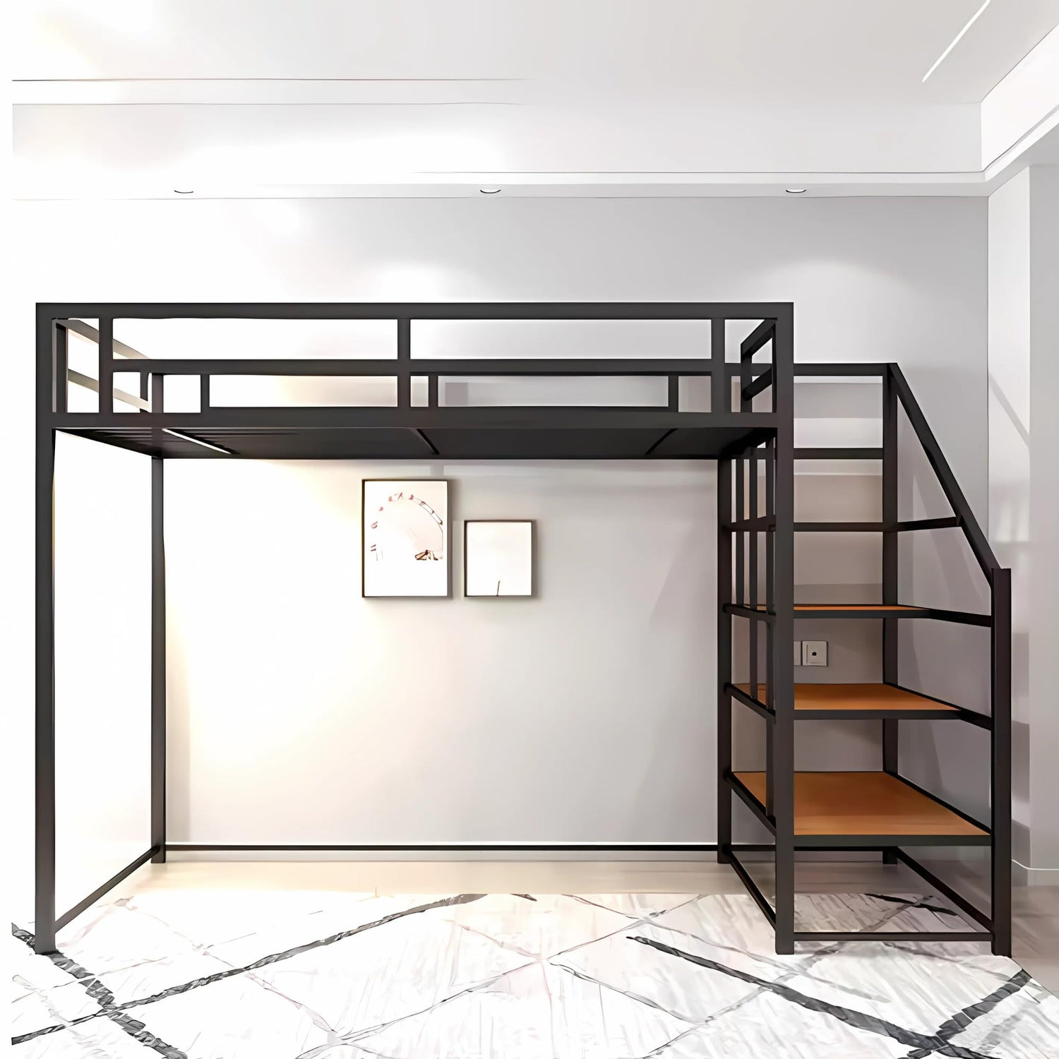 Dreame. Twin XL Modern Heavy Duty Metal Loft Bed with Storage Shelves and Stairs, Space-Saving Design Black Finish with Room for Sofa Staircase for Easy Storage and Safe Access