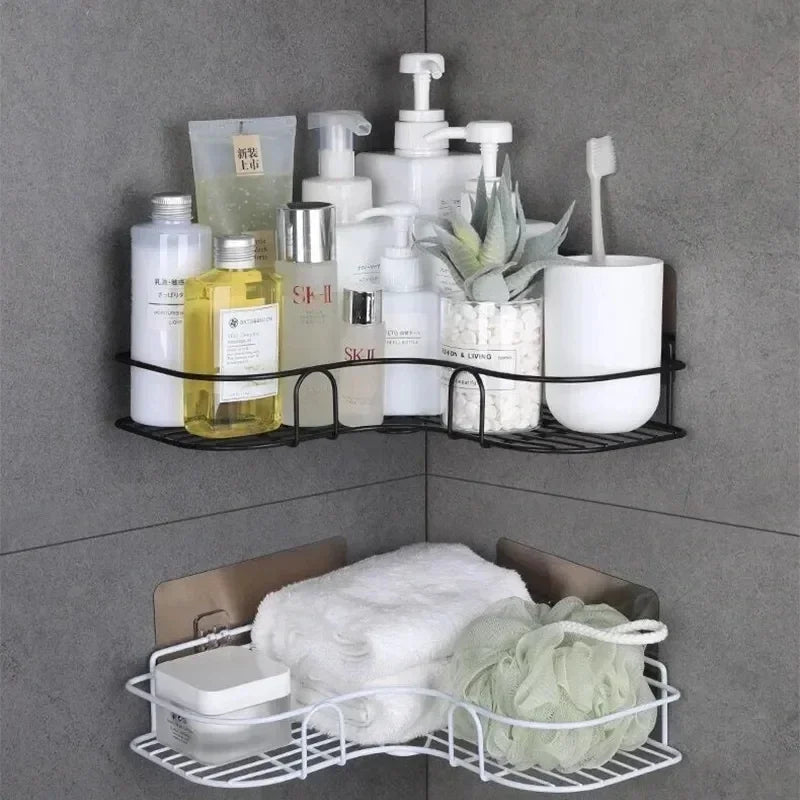 Wall-Mounted Corner Bathroom Shelf - Iron Shampoo Holder and Cosmetic Rack with Drain Basket Organizer
