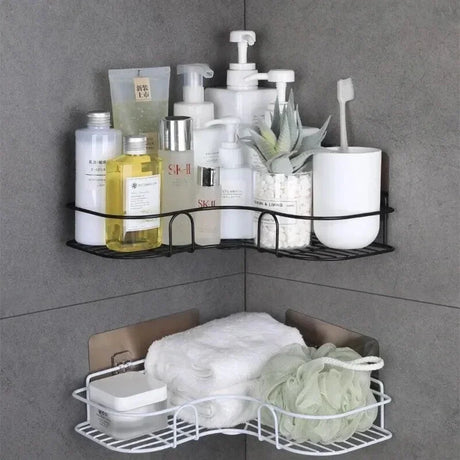 Wall-Mounted Corner Bathroom Shelf - Iron Shampoo Holder and Cosmetic Rack with Drain Basket Organizer