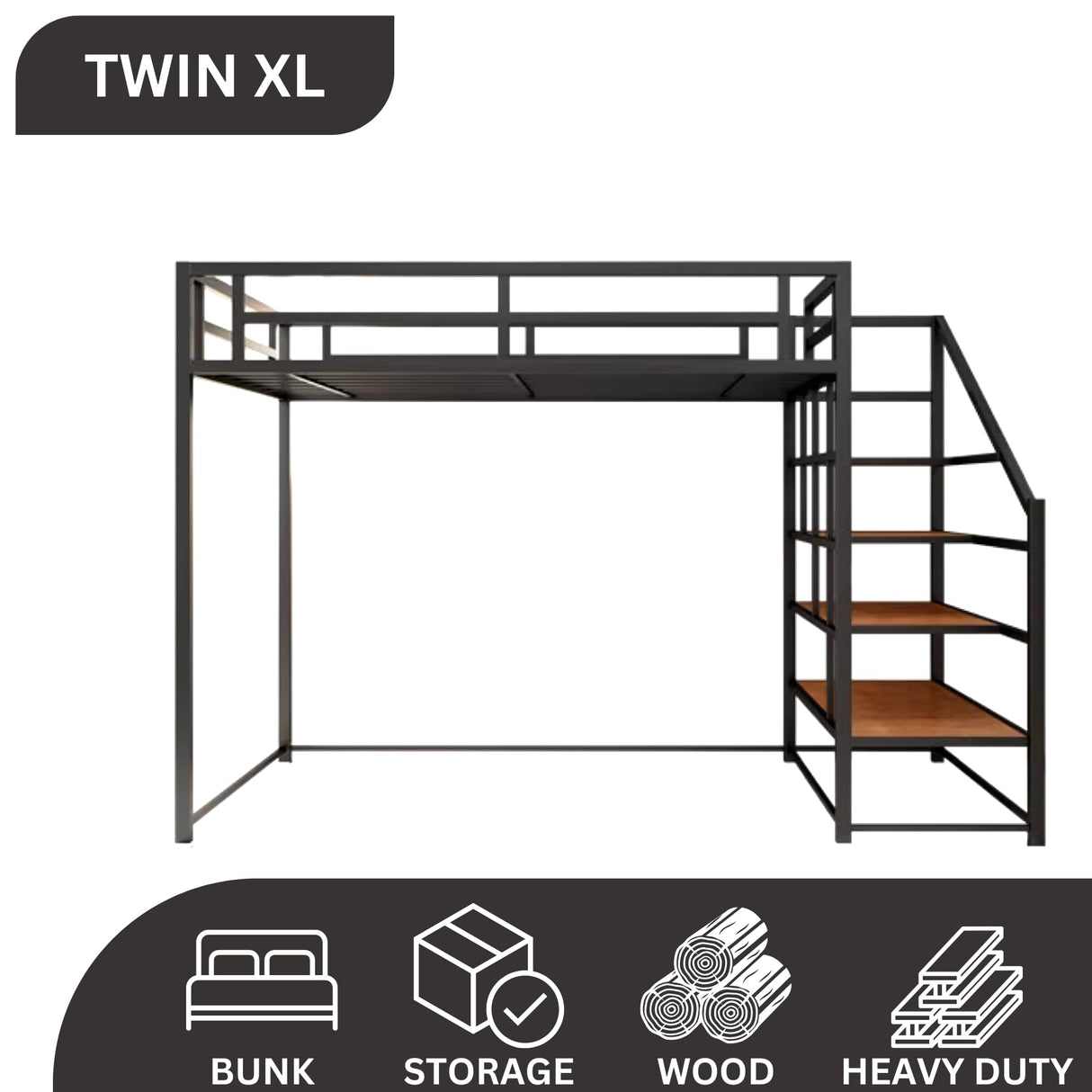 Dreame. Twin XL Modern Heavy Duty Metal Loft Bed with Storage Shelves and Stairs, Space-Saving Design Black Finish with Room for Sofa Staircase for Easy Storage and Safe Access