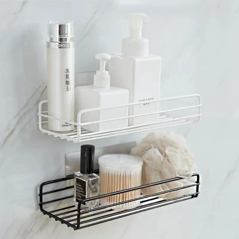 Wall-Mounted Corner Bathroom Shelf - Iron Shampoo Holder and Cosmetic Rack with Drain Basket Organizer