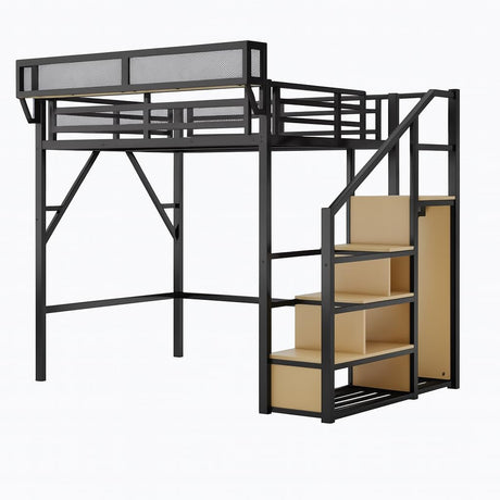 Full Size Loft Bed with Stairs and Storage, Heavy-Duty Metal Frame with Shelves, Closet Space, Bedside Shelf & Workstation Modern Loft Bed for Kids, 94.3 x 57.2 x 73.4 Inch