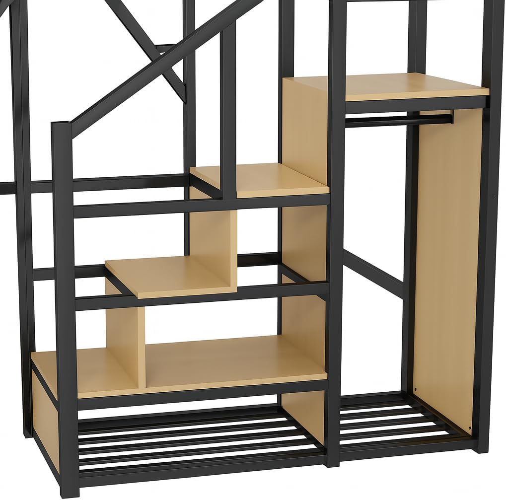 Full Size Loft Bed with Stairs and Storage, Heavy-Duty Metal Frame with Shelves, Closet Space, Bedside Shelf & Workstation Modern Loft Bed for Kids, 94.3 x 57.2 x 73.4 Inch