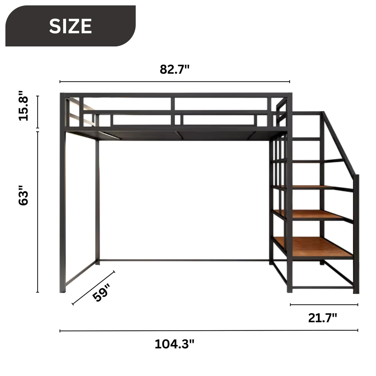 Dreame. Twin XL Modern Heavy Duty Metal Loft Bed with Storage Shelves and Stairs, Space-Saving Design Black Finish with Room for Sofa Staircase for Easy Storage and Safe Access
