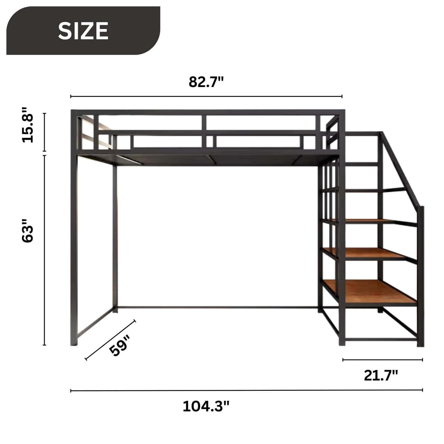 Dreame. Twin XL Modern Heavy Duty Metal Loft Bed with Storage Shelves and Stairs, Space-Saving Design Black Finish with Room for Sofa Staircase for Easy Storage and Safe Access
