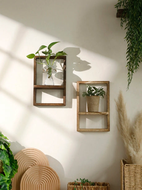 Black Wooden Floating Wall Shelf Square Plant Flower Pot Tray Display Stands Boho Home Decor Shelf for Bedroom Living Room Gifts