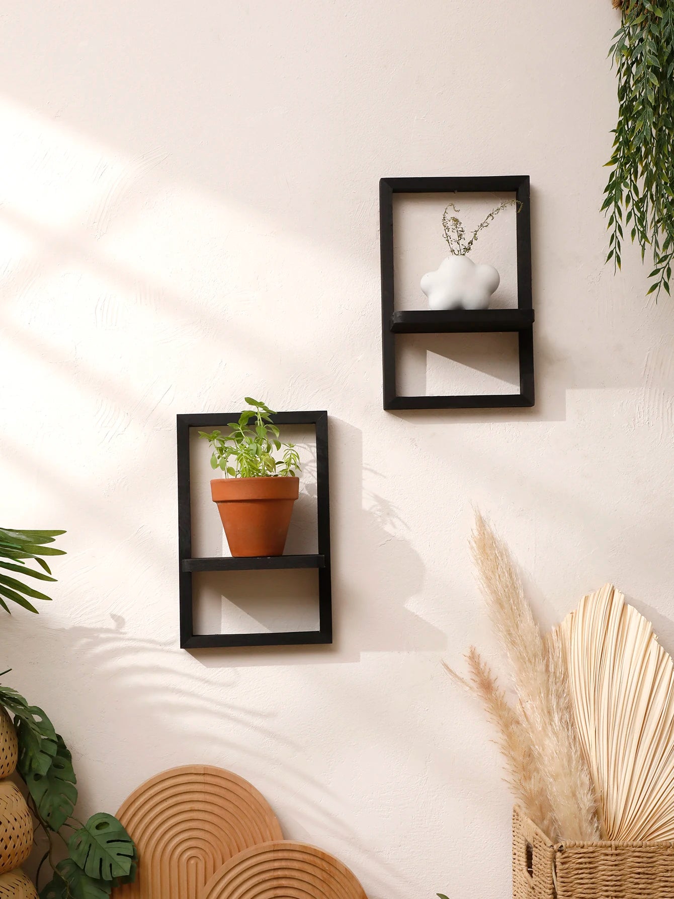 Black Wooden Floating Wall Shelf Square Plant Flower Pot Tray Display Stands Boho Home Decor Shelf for Bedroom Living Room Gifts