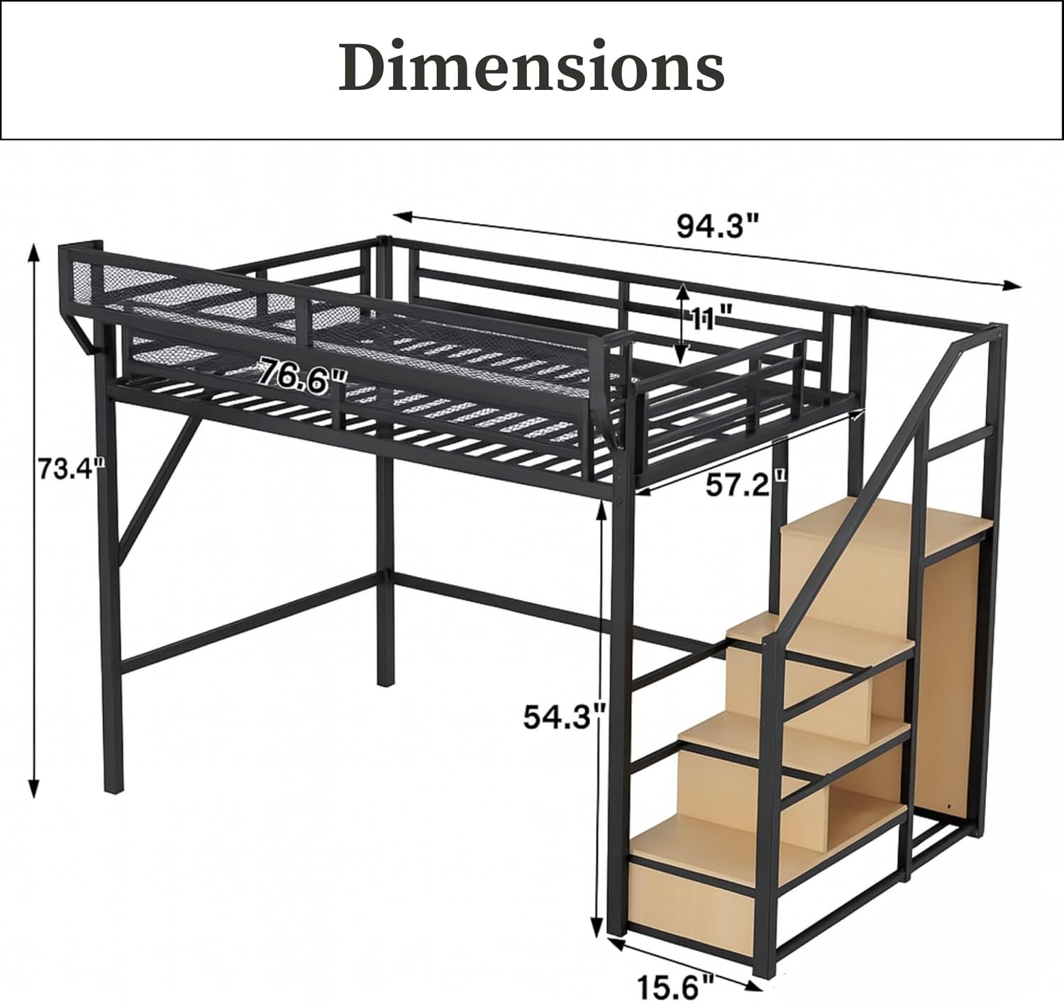 Full Size Loft Bed with Stairs and Storage, Heavy-Duty Metal Frame with Shelves, Closet Space, Bedside Shelf & Workstation Modern Loft Bed for Kids, 94.3 x 57.2 x 73.4 Inch