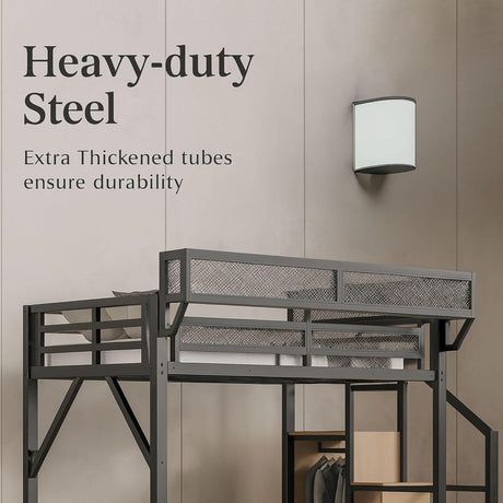 Full Size Loft Bed with Stairs and Storage, Heavy-Duty Metal Frame with Shelves, Closet Space, Bedside Shelf & Workstation Modern Loft Bed for Kids, 94.3 x 57.2 x 73.4 Inch