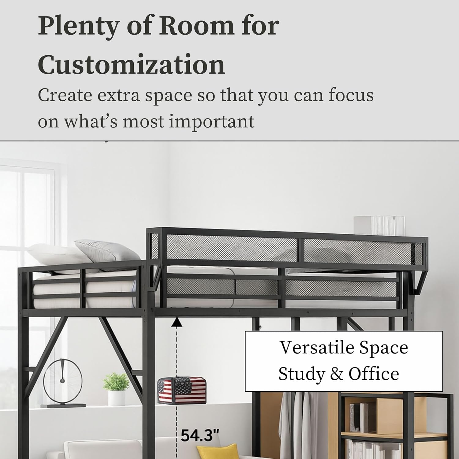 Full Size Loft Bed with Stairs and Storage, Heavy-Duty Metal Frame with Shelves, Closet Space, Bedside Shelf & Workstation Modern Loft Bed for Kids, 94.3 x 57.2 x 73.4 Inch