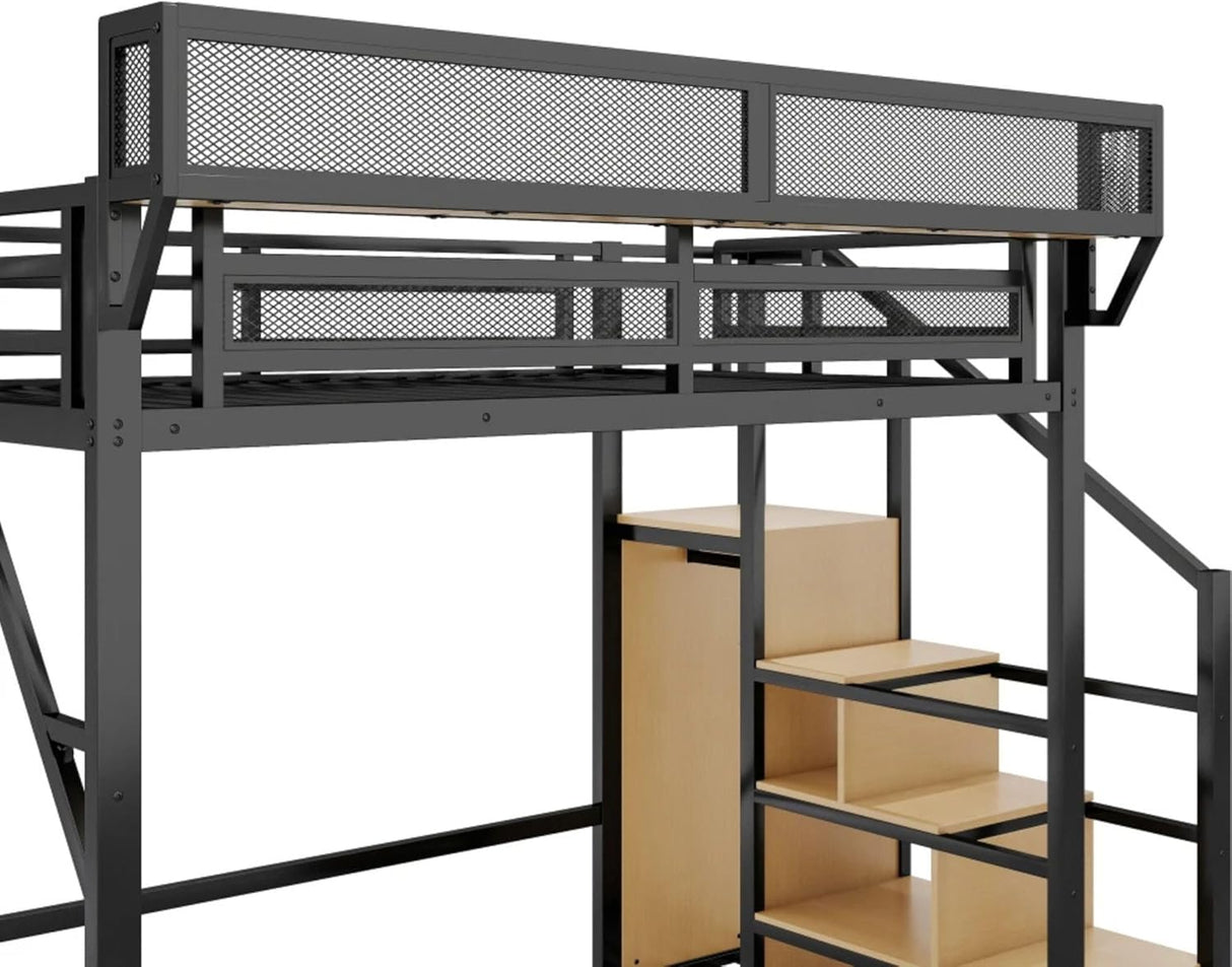 Full Size Loft Bed with Stairs and Storage, Heavy-Duty Metal Frame with Shelves, Closet Space, Bedside Shelf & Workstation Modern Loft Bed for Kids, 94.3 x 57.2 x 73.4 Inch