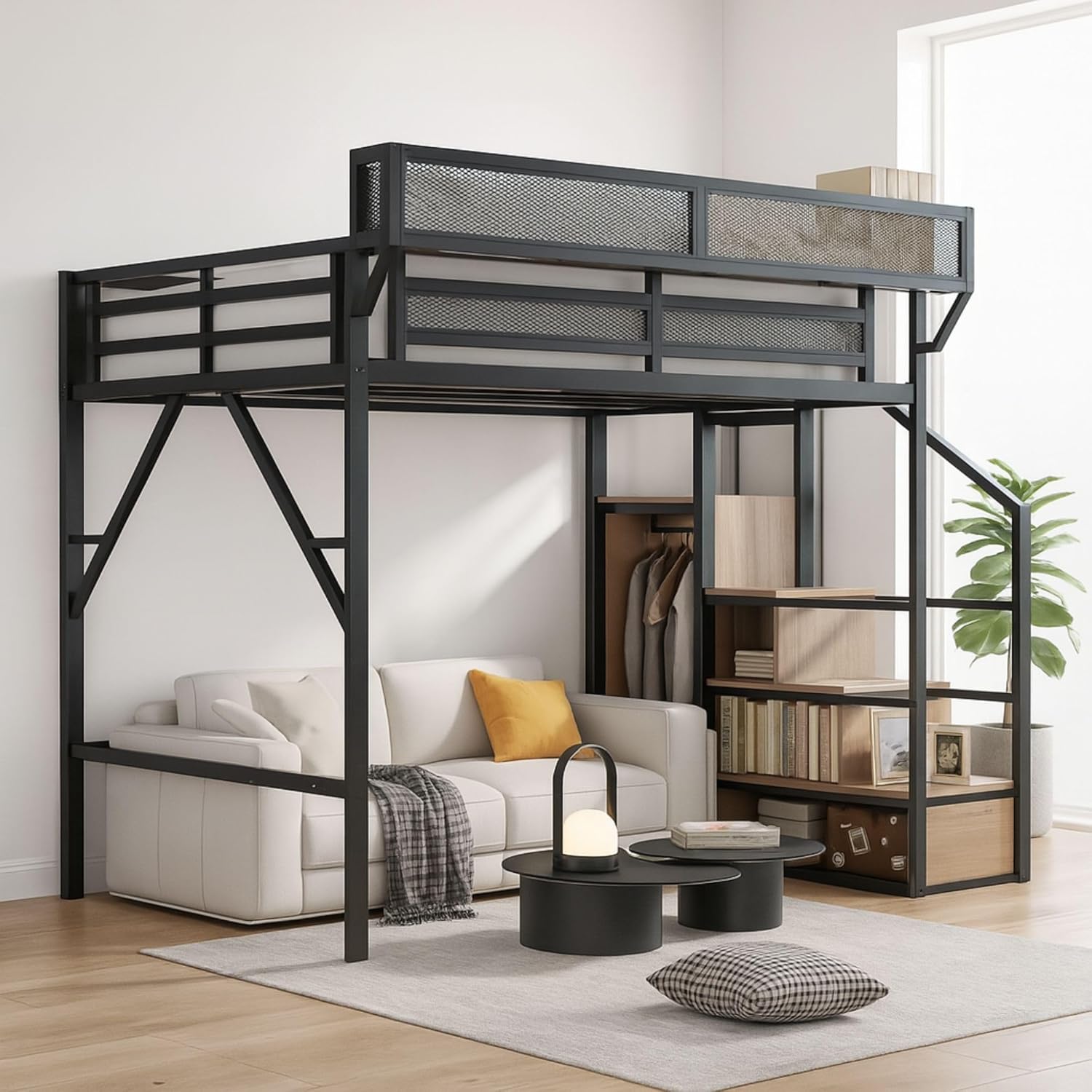 Full Size Loft Bed with Stairs and Storage, Heavy-Duty Metal Frame with Shelves, Closet Space, Bedside Shelf & Workstation Modern Loft Bed for Kids, 94.3 x 57.2 x 73.4 Inch