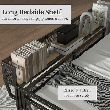 Full Size Loft Bed with Stairs and Storage, Heavy-Duty Metal Frame with Shelves, Closet Space, Bedside Shelf & Workstation Modern Loft Bed for Kids, 94.3 x 57.2 x 73.4 Inch