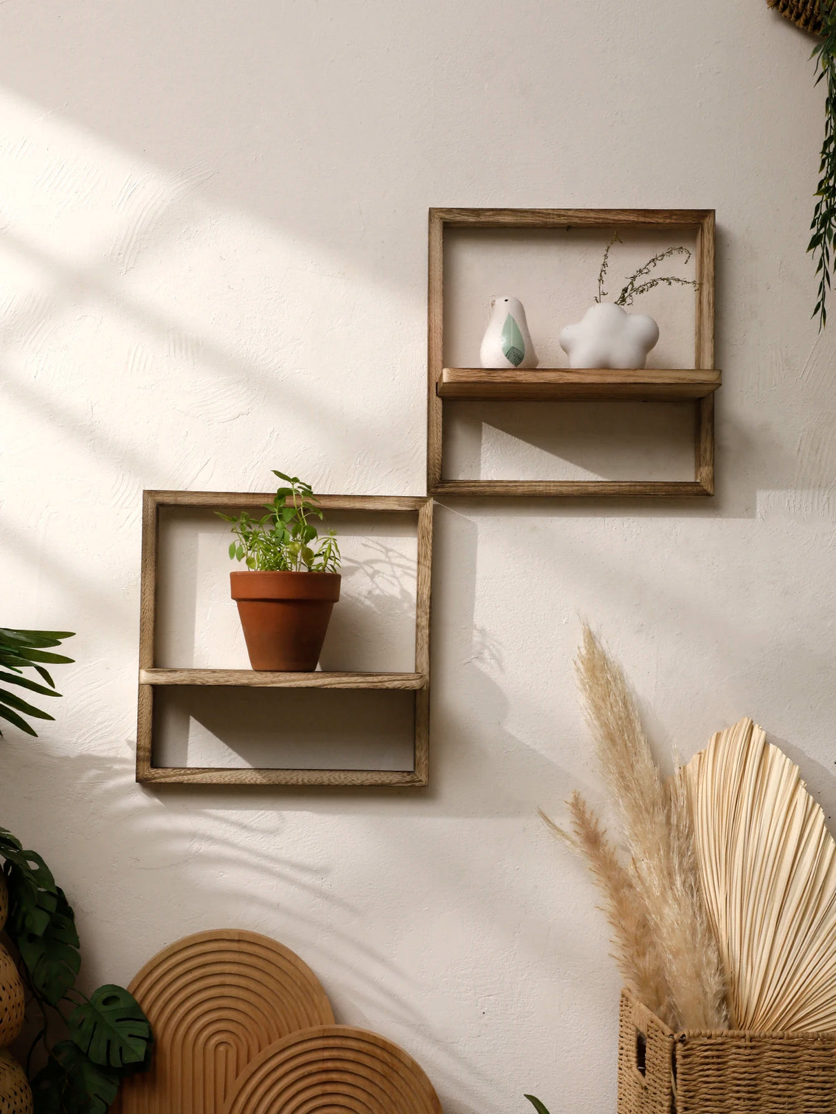 Black Wooden Floating Wall Shelf Square Plant Flower Pot Tray Display Stands Boho Home Decor Shelf for Bedroom Living Room Gifts