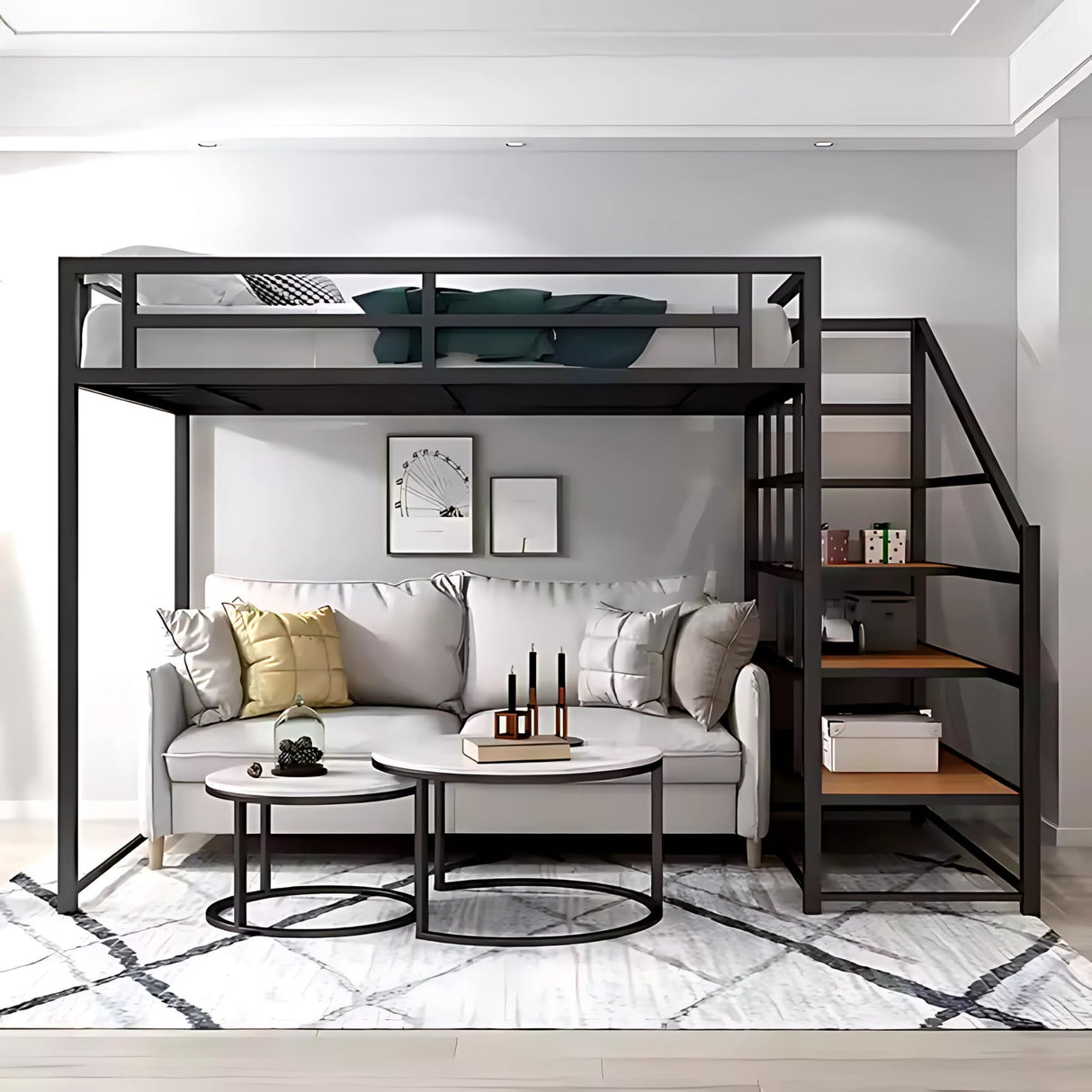 Dreame. Twin XL Modern Heavy Duty Metal Loft Bed with Storage Shelves and Stairs, Space-Saving Design Black Finish with Room for Sofa Staircase for Easy Storage and Safe Access
