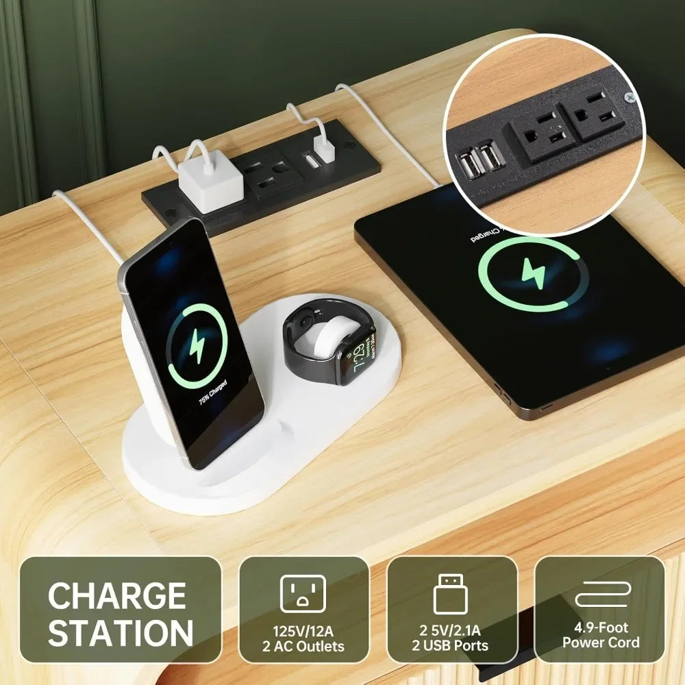 24" Fluted Nightstand with Charging Station, Wooden End Table with 2 Drawers Storage, Curved Profile Design, Modern Bedside Cabi