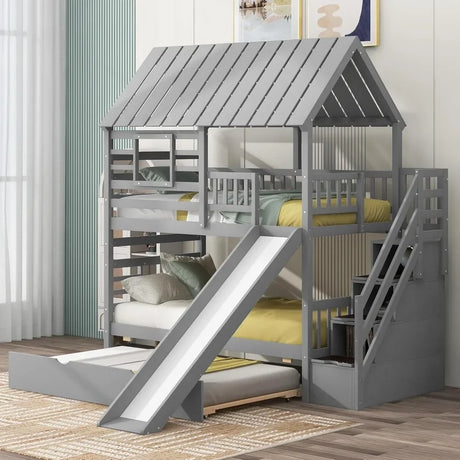 Twin Over Twin Bunk Beds for Kids with Slide, Trundle, Stairs, and Storage - Playhouse Design with Roof and Window