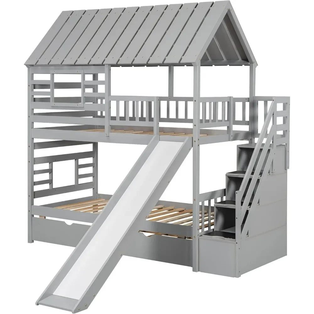 Twin Over Twin Bunk Beds for Kids with Slide, Trundle, Stairs, and Storage - Playhouse Design with Roof and Window