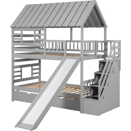 Twin Over Twin Bunk Beds for Kids with Slide, Trundle, Stairs, and Storage - Playhouse Design with Roof and Window