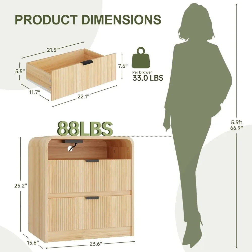 24" Fluted Nightstand with Charging Station, Wooden End Table with 2 Drawers Storage, Curved Profile Design, Modern Bedside Cabi