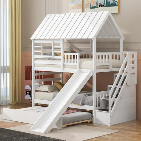 Twin Over Twin Bunk Beds for Kids with Slide, Trundle, Stairs, and Storage - Playhouse Design with Roof and Window