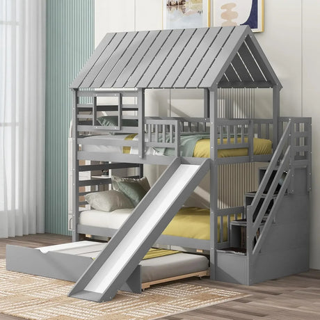 Twin Over Twin Bunk Beds for Kids with Slide, Trundle, Stairs, and Storage - Playhouse Design with Roof and Window