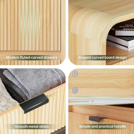 24" Fluted Nightstand with Charging Station, Wooden End Table with 2 Drawers Storage, Curved Profile Design, Modern Bedside Cabi