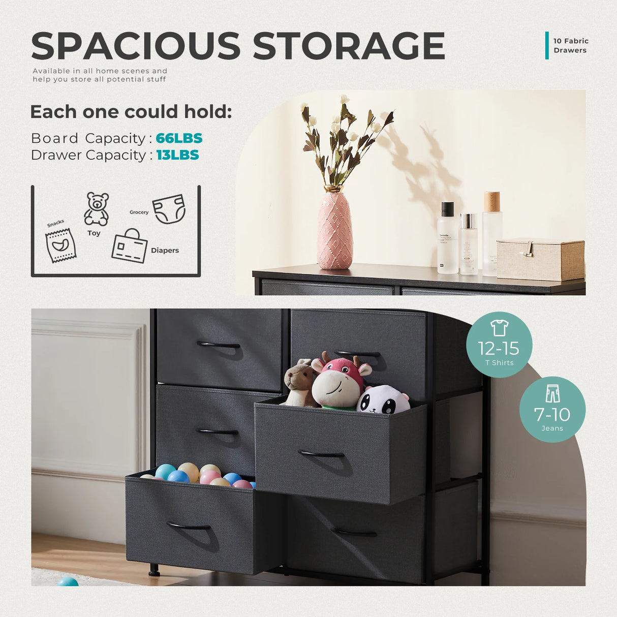 JHK Bedside Table for Bedroom with 10 Fabric Drawers Nightstand Storage Cabinet with Steel Frame Clothes Storage Display Cabinet