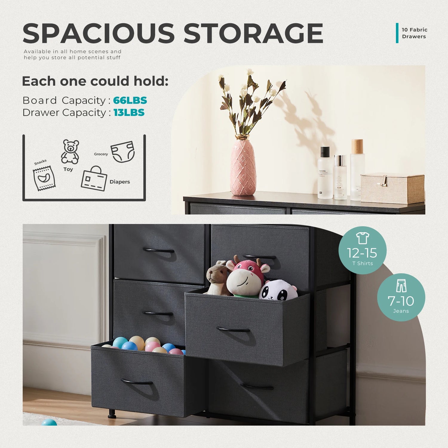 JHK Bedside Table for Bedroom with 10 Fabric Drawers Nightstand Storage Cabinet with Steel Frame Clothes Storage Display Cabinet