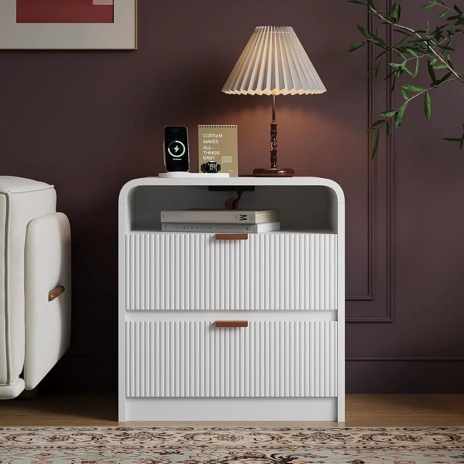 24" Fluted Nightstand with Charging Station, Wooden End Table with 2 Drawers Storage, Curved Profile Design, Modern Bedside Cabi