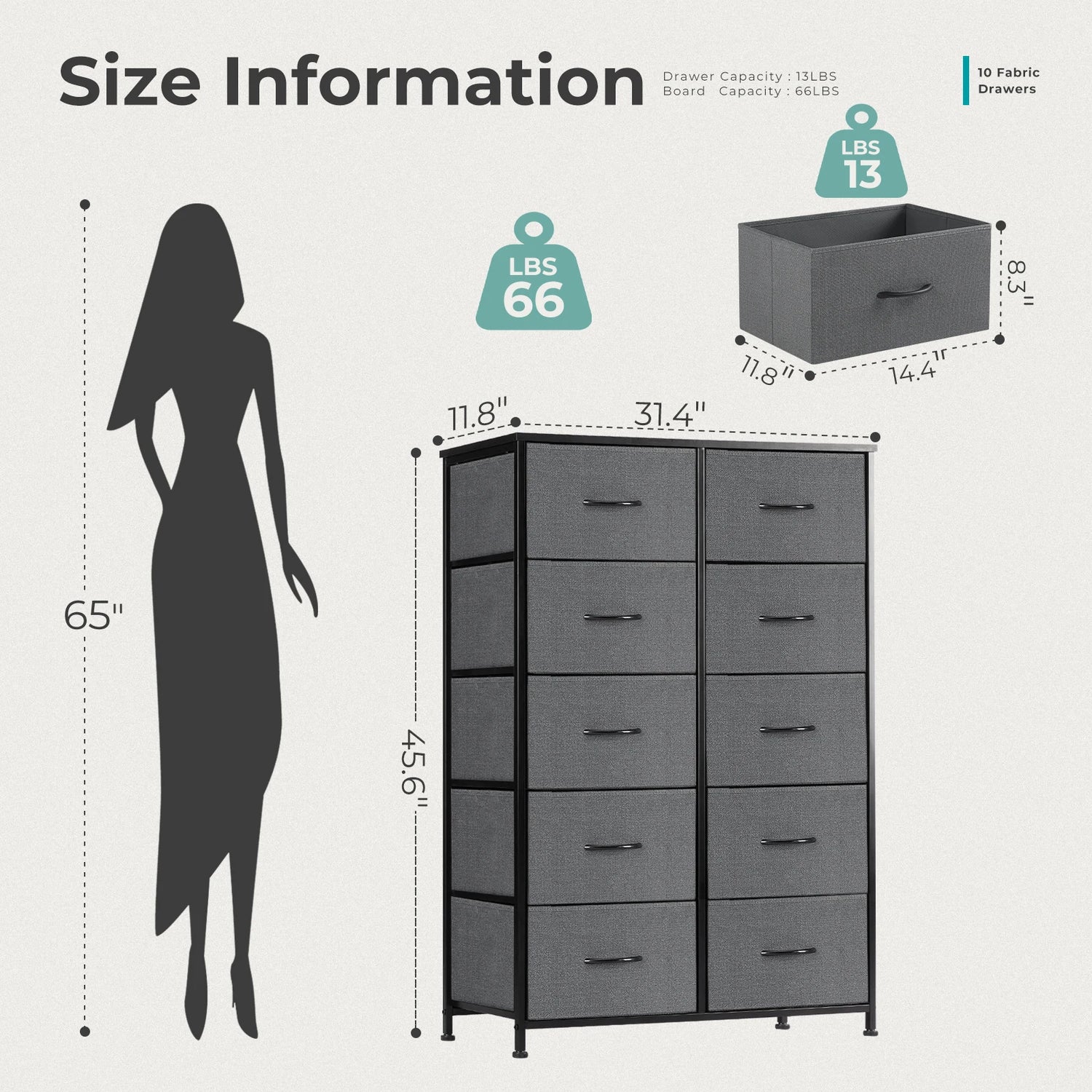 JHK Bedside Table for Bedroom with 10 Fabric Drawers Nightstand Storage Cabinet with Steel Frame Clothes Storage Display Cabinet