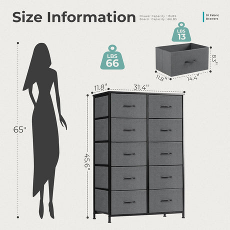 JHK Bedside Table for Bedroom with 10 Fabric Drawers Nightstand Storage Cabinet with Steel Frame Clothes Storage Display Cabinet