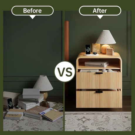 24" Fluted Nightstand with Charging Station, Wooden End Table with 2 Drawers Storage, Curved Profile Design, Modern Bedside Cabi