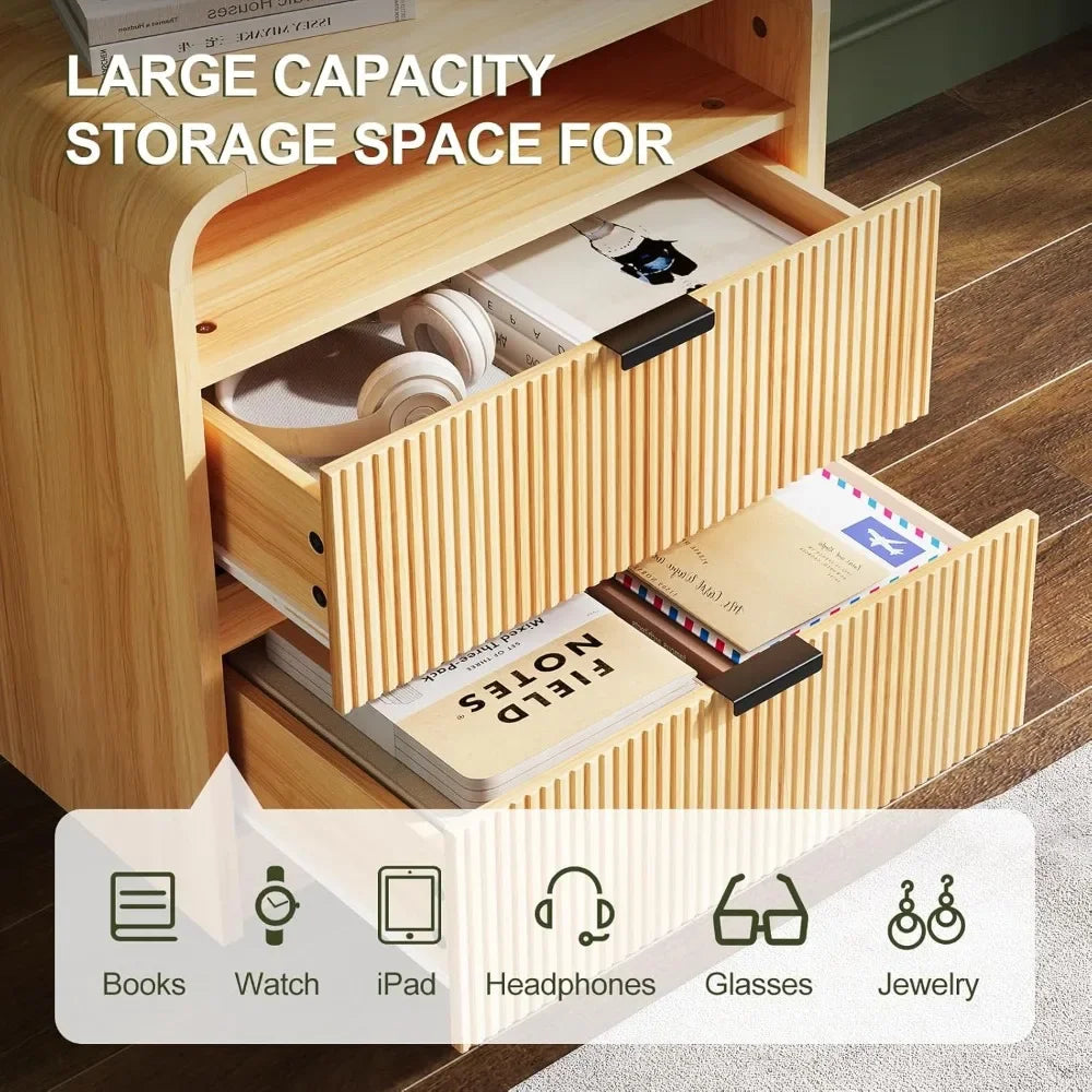 24" Fluted Nightstand with Charging Station, Wooden End Table with 2 Drawers Storage, Curved Profile Design, Modern Bedside Cabi