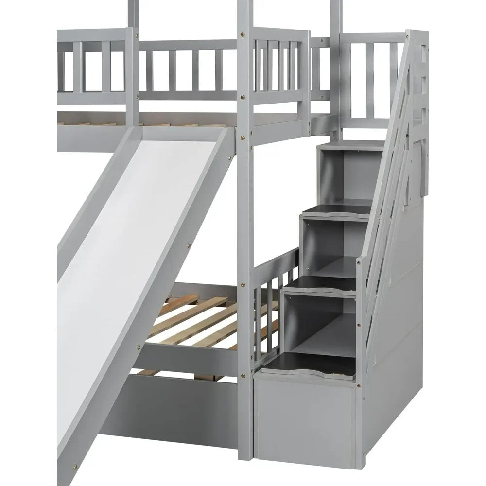 Twin Over Twin Bunk Beds for Kids with Slide, Trundle, Stairs, and Storage - Playhouse Design with Roof and Window
