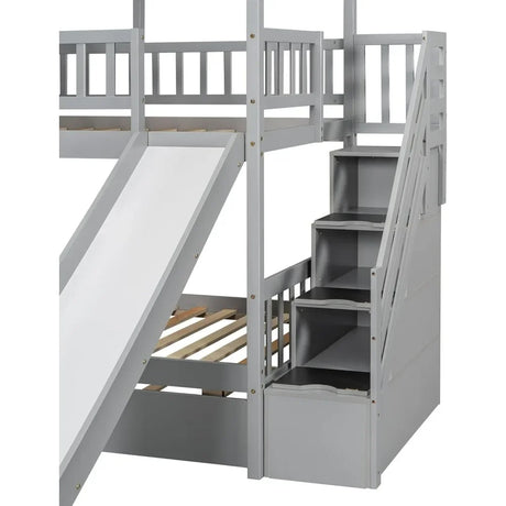 Twin Over Twin Bunk Beds for Kids with Slide, Trundle, Stairs, and Storage - Playhouse Design with Roof and Window