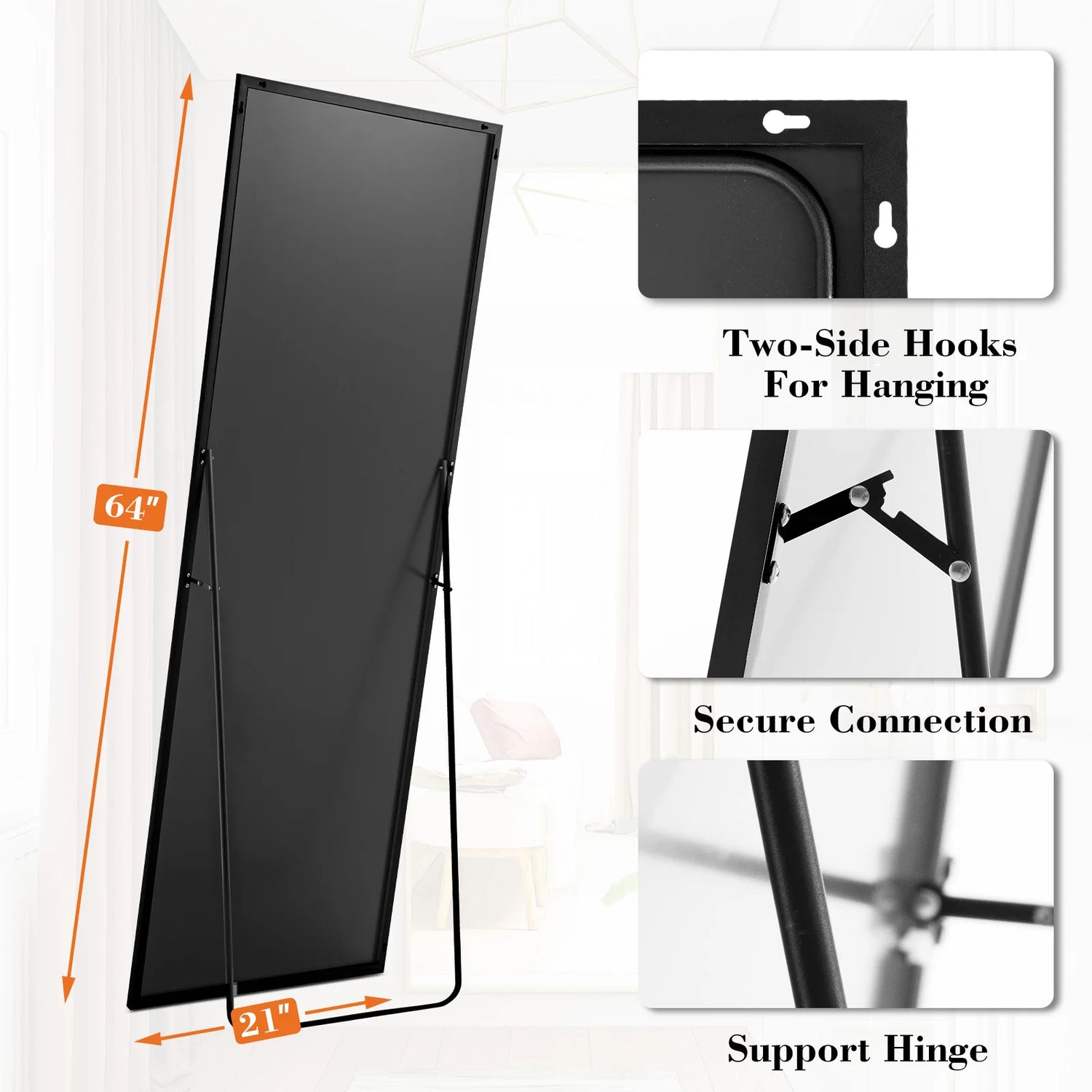 JHK 64"X21" Full Body Wall Mirror Standing Hanging or Leaning Wall-Mounted Mirrors with Stand Aluminum Alloy Frame Living Room