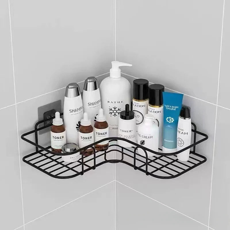 Wall-Mounted Corner Bathroom Shelf - Iron Shampoo Holder and Cosmetic Rack with Drain Basket Organizer