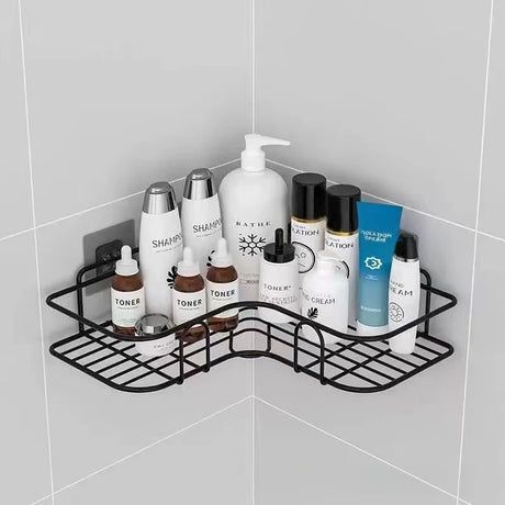 Wall-Mounted Corner Bathroom Shelf - Iron Shampoo Holder and Cosmetic Rack with Drain Basket Organizer