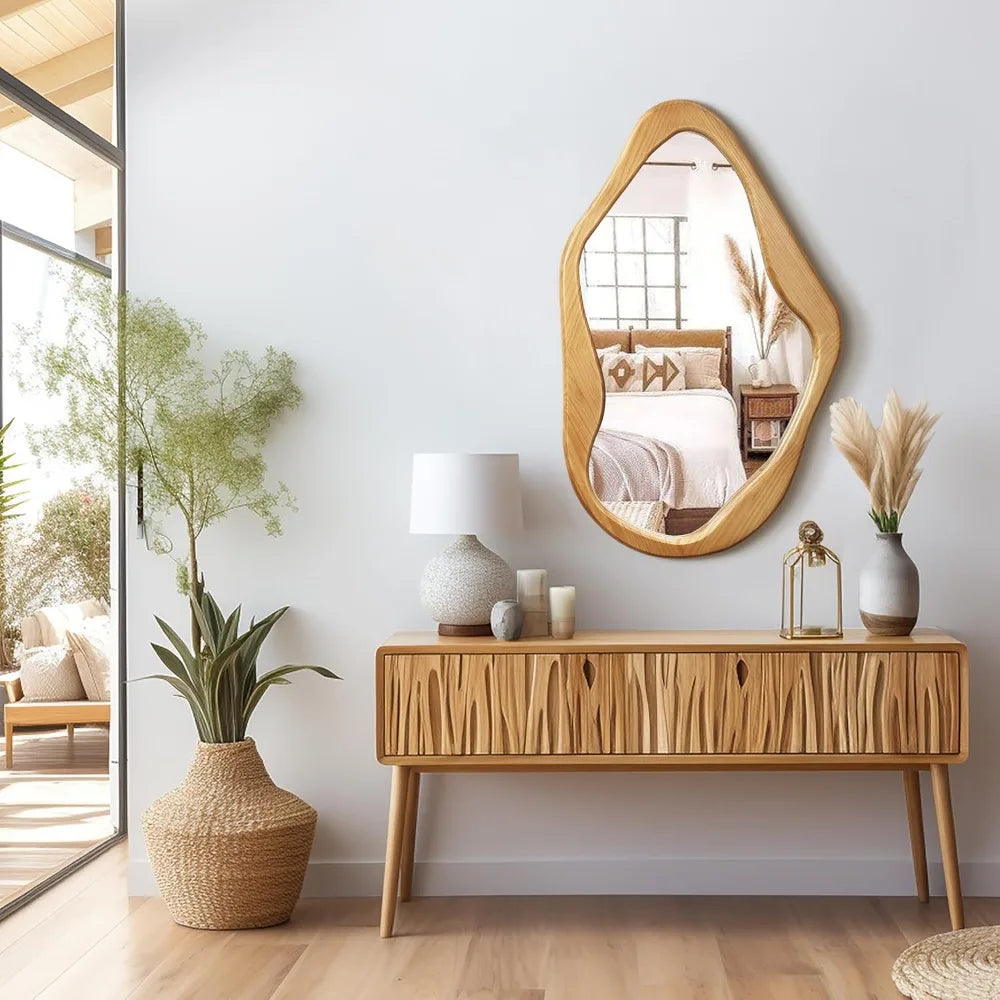 Luxenhome Asymmetrical Wall Mirror with Natural Pine Wood Frame,Irregular Wall Mirror for Living Room,Entryway,Bedroom,Decorativ