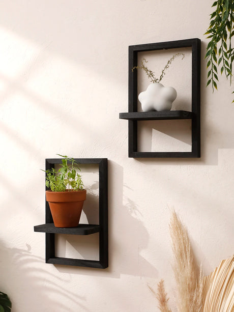 Black Wooden Floating Wall Shelf Square Plant Flower Pot Tray Display Stands Boho Home Decor Shelf for Bedroom Living Room Gifts
