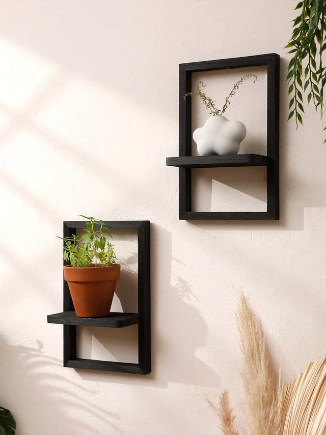 Black Wooden Floating Wall Shelf Square Plant Flower Pot Tray Display Stands Boho Home Decor Shelf for Bedroom Living Room Gifts