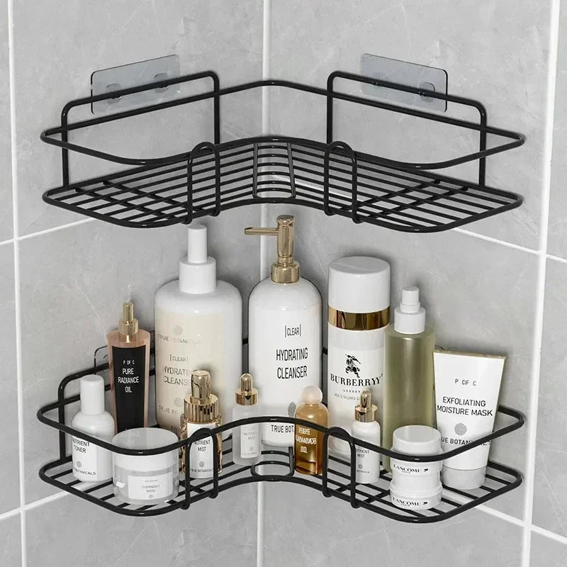 Wall-Mounted Corner Bathroom Shelf - Iron Shampoo Holder and Cosmetic Rack with Drain Basket Organizer