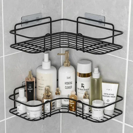 Wall-Mounted Corner Bathroom Shelf - Iron Shampoo Holder and Cosmetic Rack with Drain Basket Organizer