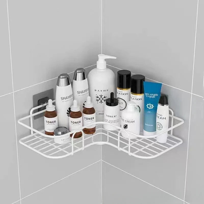 Wall-Mounted Corner Bathroom Shelf - Iron Shampoo Holder and Cosmetic Rack with Drain Basket Organizer