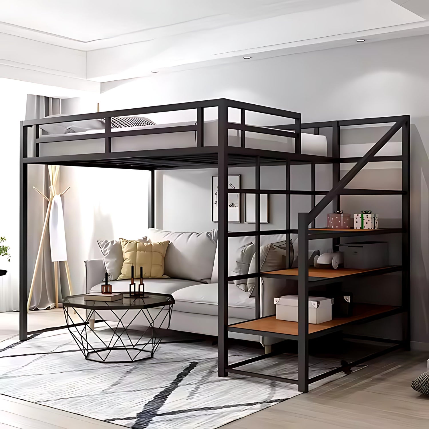Dreame. Twin XL Modern Heavy Duty Metal Loft Bed with Storage Shelves and Stairs, Space-Saving Design Black Finish with Room for Sofa Staircase for Easy Storage and Safe Access