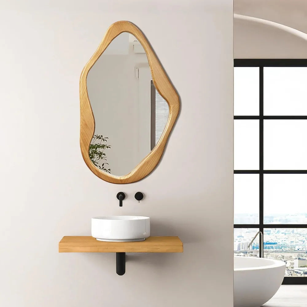 Luxenhome Asymmetrical Wall Mirror with Natural Pine Wood Frame,Irregular Wall Mirror for Living Room,Entryway,Bedroom,Decorativ