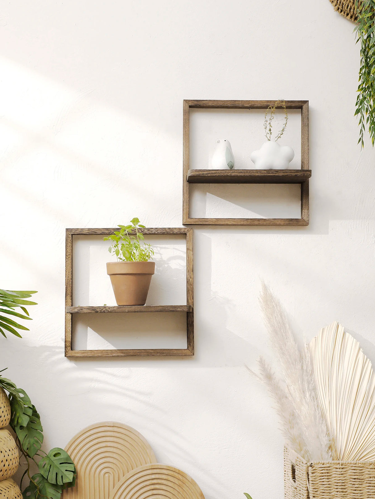 Black Wooden Floating Wall Shelf Square Plant Flower Pot Tray Display Stands Boho Home Decor Shelf for Bedroom Living Room Gifts